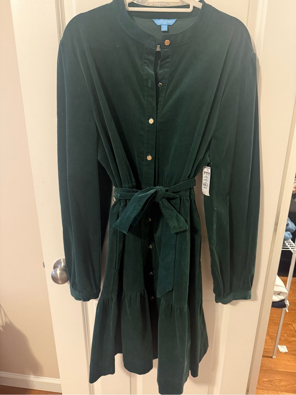 Draper James Emerald Green Velvet Button-Front Dress - Picture 3 of 6